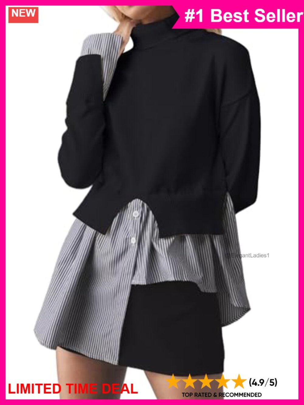 Turtleneck Patchwork Sweater 2 in 1 Button Down Asymmetrical Hem Pullover